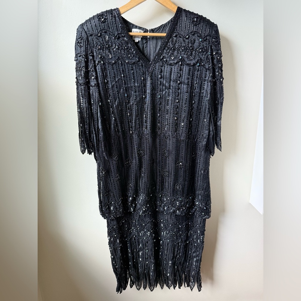 JUDITH ANN CREATIONS VTG Sequined Beaded Flapper Cocktail‎ Dress Whimsigoth S